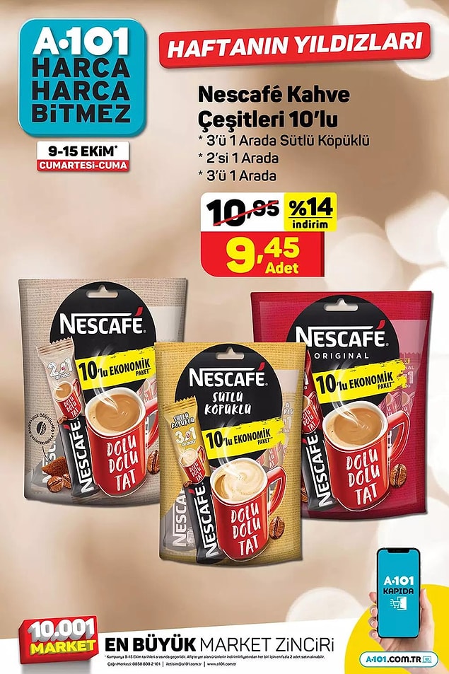 10'lu Nescafe kahve çeşitleri 9,45 TL.