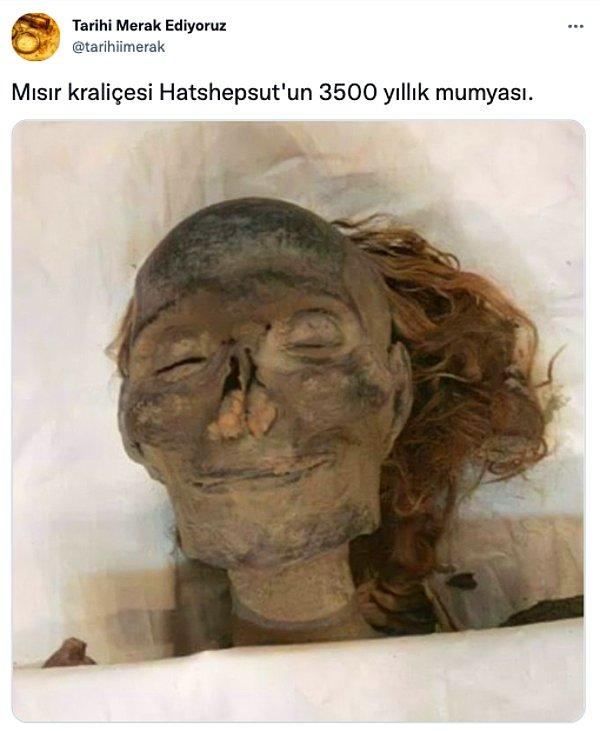 Twitter'da @tarihiimerak adlı kullanıcı Mısır kraliçesi Hatshepsut'un 3500 yıllık mumyasına ait bu görüntüyü paylaşınca ortaya birbirinden komik tweetler çıktı.
