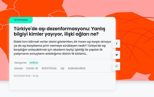 Teyit.org da "Türkiye'de aşı dezenformasyonu: Yanlış bilgiyi kimler yayıyor, ilişki ağları ne?" başlıklı araştırmasıyla kasten yanlış bilgi yayan yüksek takipçili ve yüksek etkileşimli hesapları ortaya çıkardı.