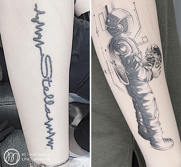 4. Bu isim dövmesi, muhteşem bir astronot tasarımı ile yok olmuş.