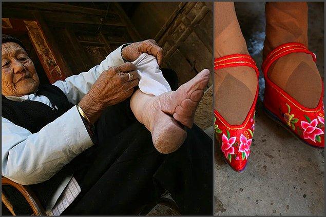 2. Çinli kadınlar ayaklarının fazla büyümesini engellemek için, onları bağlar ve çok küçük ayakkabı giyerlerdi...