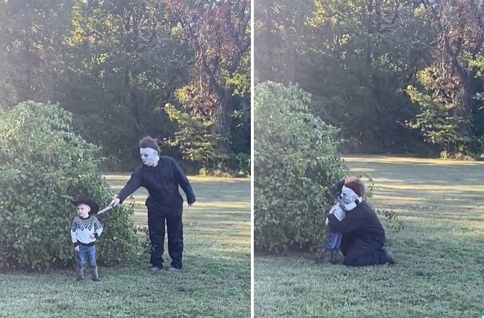Bu Nasıl Şaka?! Seri Katil Michael Myers Şakası Yapılan Çocuğun Eli Bıçaklı Adamı Görünce Verdiği Efsane Tepki