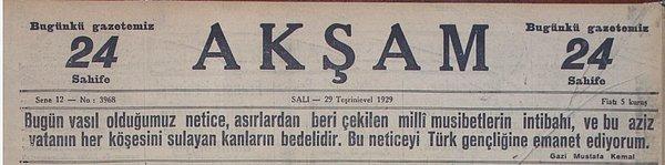 10. Akşam Gazetesi'nde cumhuriyetin faziletini anlatan manşet yazısı, 1929.