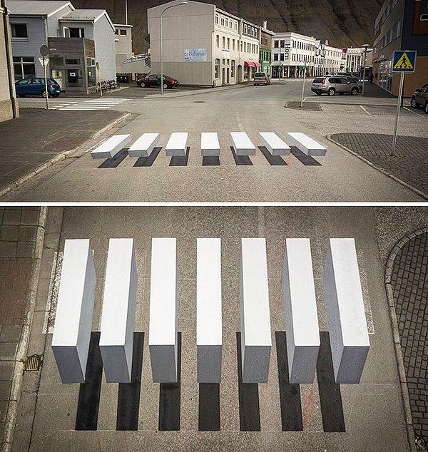 8. "İzlanda'da bir kasaba, trafiği yavaşlatmak için 3D bir yaya geçidi tasarladı."