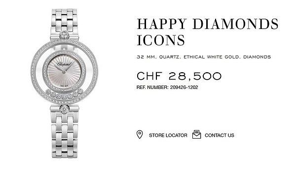 Belki hatırlarsınız geçtiğimiz aylarda dünyaca ünlü mücevher markası Chopard'ın "Happy Diamonds" koleksiyonundan seçilen pahalı saati konuşulmuştu. Saatin fiyatı İsviçre Frangı üzerinden 28.500 yani yaklaşık 265 bin TL'ydi.