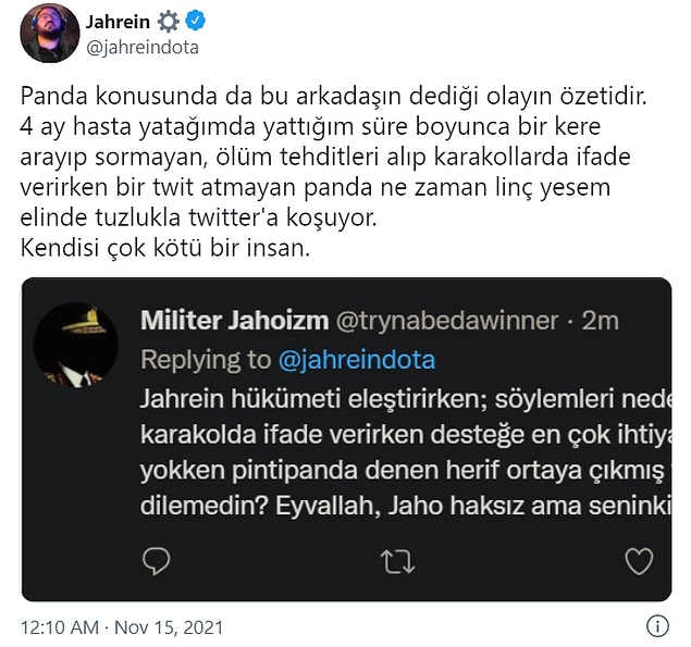 Jahrein ise PintiPanda'yı niçin engellediğini bu tweet ile açıklığa kavuşturdu.