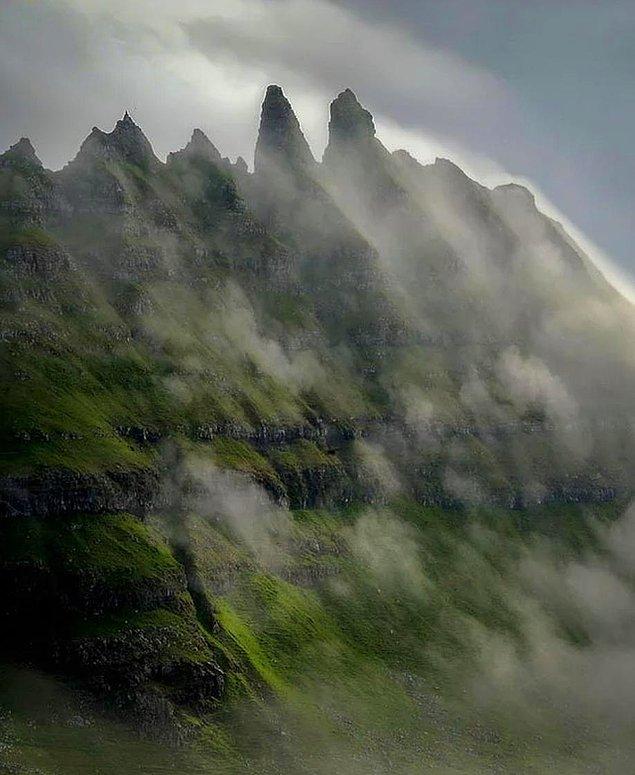 11. Tindholmur Island in the Faroe Islands covered in fog as in a Viking epic: