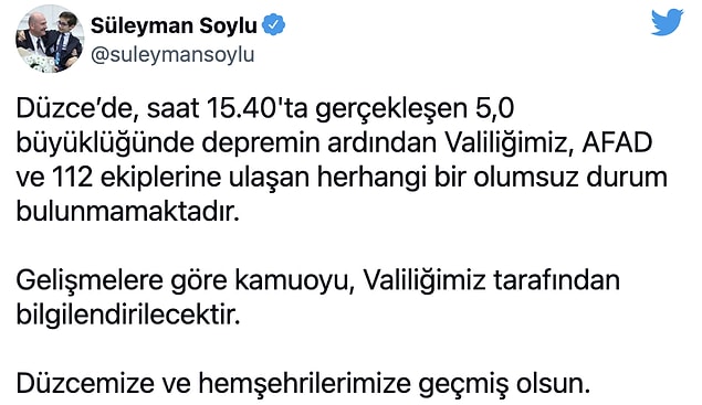 Soylu: 'Valiliğimiz, AFAD ve 112 ekiplerine ulaşan herhangi bir olumsuz durum bulunmamaktadır'