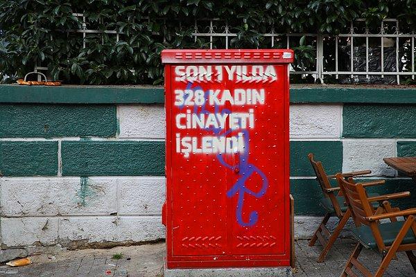Ayrıca Kadıköy’ün duvarlarına da stencil tekniğiyle ‘Son 1 Yılda 328 Kadın Cinayeti İşlendi’ yazıldı.