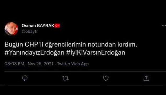 11. Trabzon Tevfik Serdar Anadolu Lisesi öğretmenlerinden Osman Bayrak, 'CHP'li öğrencilerini' hedef alarak, "Notlarını kırdım" dedi.