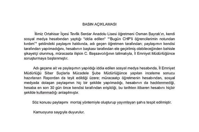 Trabzon İl Milli Eğitim Müdürlüğü, söz konusu paylaşımı yapan şahsın tespit edildiğini de açıkladı.