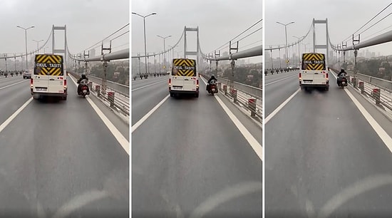 Şiddetli Lodos Nedeniyle Boğaziçi Köprüsü'nden Geçmekte Zorlanan Motosikletli Kuryeye Siper Olan Okul Servisi