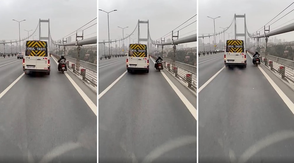 Şiddetli Lodos Nedeniyle Boğaziçi Köprüsü'nden Geçmekte Zorlanan Motosikletli Kuryeye Siper Olan Okul Servisi