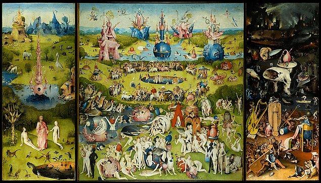 Görmüş olduğunuz tablonun adı 'Dünyevi Zevkler Bahçesi'. 1503-1504 tarihleri arasında Hollandalı ressam Hieronymus Bosch tarafından yapılan tablo sanat tarihinin en gizemli eserlerinden biri..