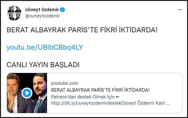 Gazeteci Cüneyt Özdemir de bugünkü yayını için "Berat Albayrak Paris'te fikirleri iktidarda!" bağlığını kullandı.