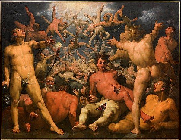 'Titanların Düşüşü' adlı bu tablo Hollandalı ressam Cornelis van Haarlem'e ait. Başlığından anlayacağınız üzere eser mitolojide bahsi geçen Titanların 10 yıllık savaşını konu alıyor.