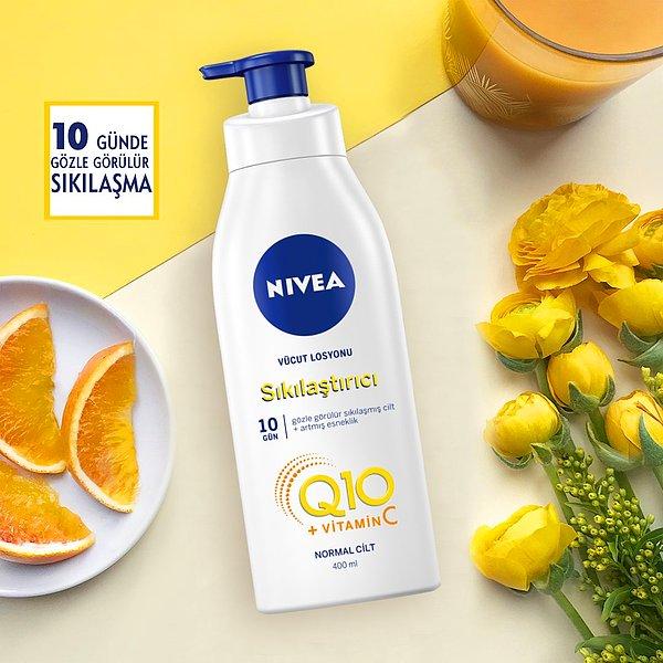 7. Nivea Q10 vitamin C sıkılaştırıcı vücut losyonu ile sımsıkı bir görünüme kavuşuyoruz.
