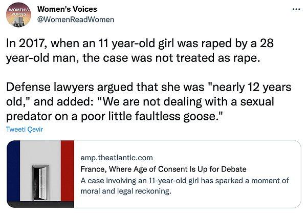 "2017 yılında, 11 yaşında bir kız 28 yaşında bir adamın tecavüzüne uğradığı zaman bu dava tecavüz olarak değerlendirilmedi. Savunma avukatları, kız için 'neredeyse 12 yaşında' diyerek şunları ekledi: "Zavallı, kusursuz bir kız üzerinde olan cinsel bir avcı ile uğraşmıyoruz."