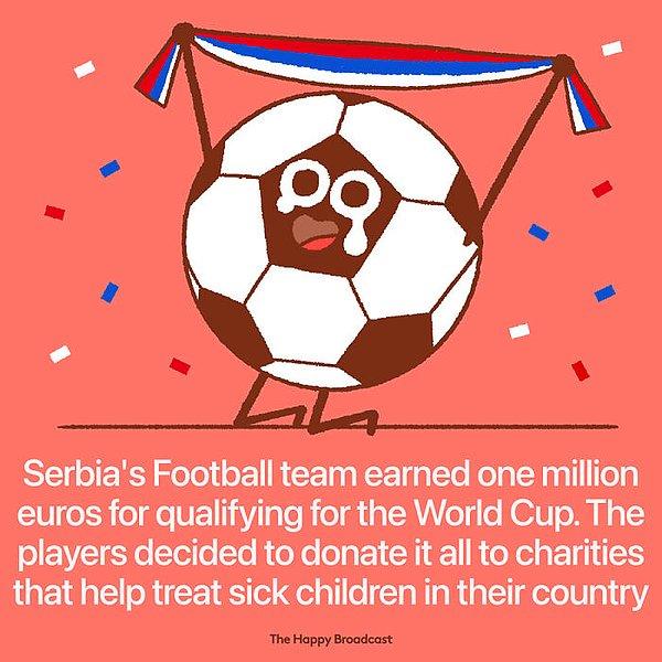 27. "Sırbistan Milli Futbol Takımı, Dünya Kupası'nda kazanmış olduğu 1 milyon Euro'luk çeki ülkelerinin çocuk hayır kurumlarına bağışladı."
