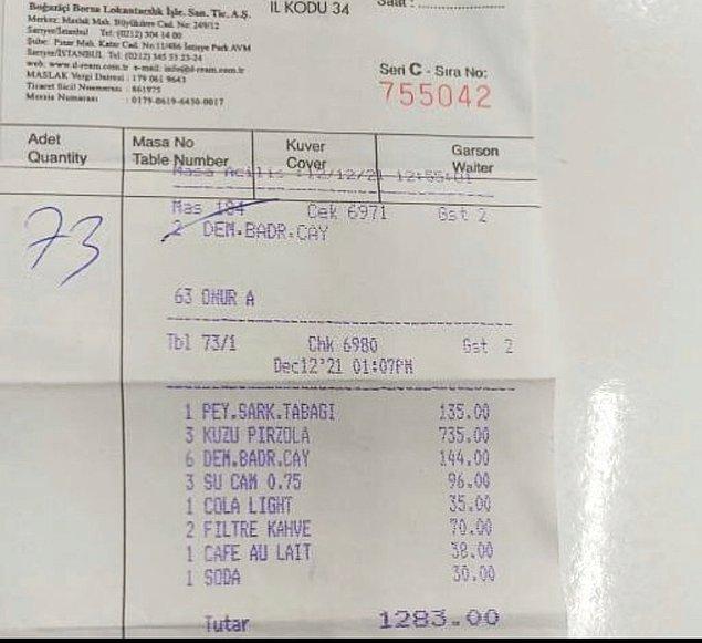 İstinye Park'taki tanınmış mekanlardan birinde gelen bir hesap şöyle. En çok dikkat çeken kalem ise 3 kuzu pirzolanın 735 lira tutması.