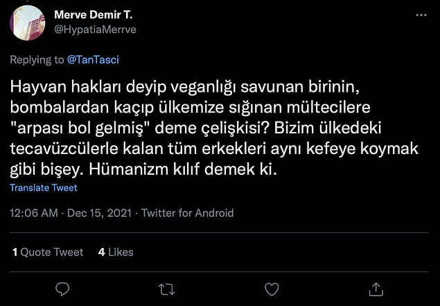 Taşçı'nın bu paylaşımı üzerine bir Twitter kullanıcısı Taşçı'nın söylemini türcü ve ırkçı olması üzerinden eleştirdi.