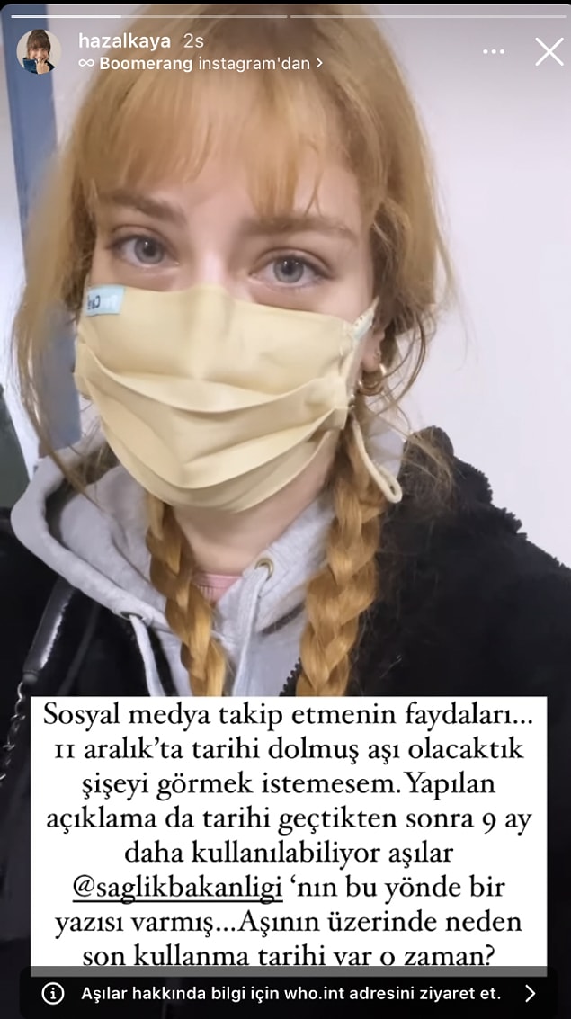 3. doz aşılarını olmak için hastaneye giden Hazal Kaya da aşının son kullanma tarihinin geçtiğini sosyal medya hesaplarından paylaştı.