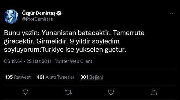 5. Ekonomist Özgür Demirtaş'ın 2011 yılında yaptığı bir Twitter paylaşımını sildiği iddia edildi. Türkiye'nin yükselen bir güç olduğunu belirttiği yorumu ise tartışmaya neden oldu.
