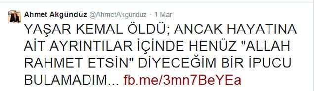 2015 yılında sosyal medya hesabından "Yaşar Kemal'in hayatında ona Allah rahmet eylesin diyeceği bir ipucu bulamadığını" yazmıştı ve gündem olmuştu.