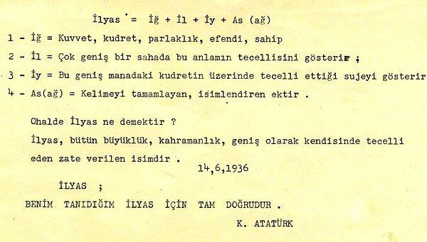 Aşağıdaki belge ise Atatürk'ün İlyas Paşa'ya verdiği değeri gösteren bir kanıt niteliğindedir.