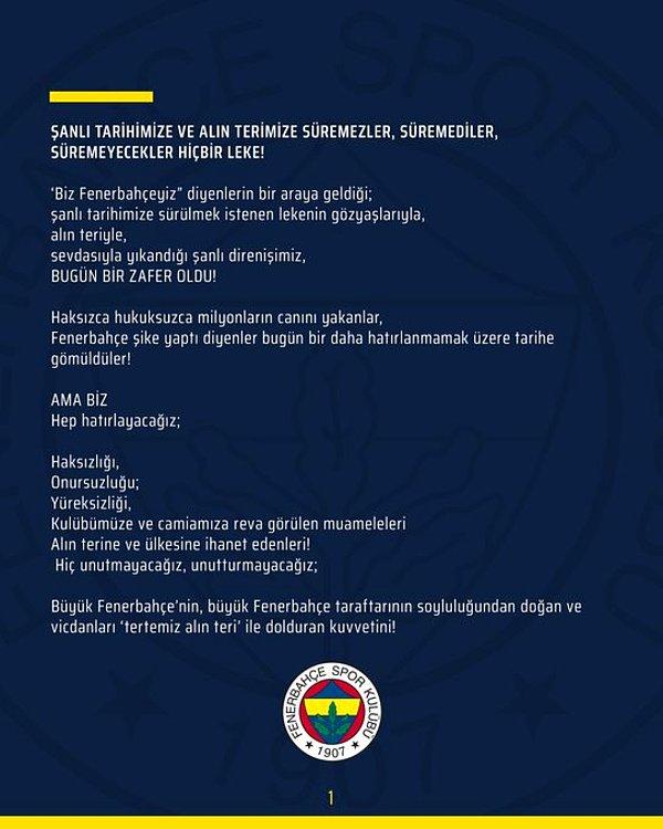 Beraat karırının onanması üzerine Fenerbahçe, resmi site ve sosyal medya hesaplarında açıklama yayımladı.