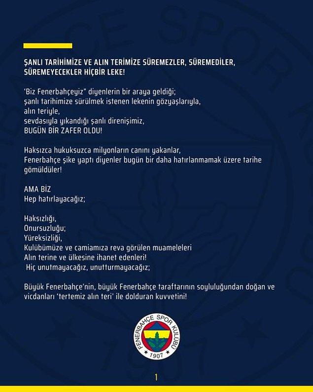 Beraat karırının onanması üzerine Fenerbahçe, resmi site ve sosyal medya hesaplarında açıklama yayımladı.