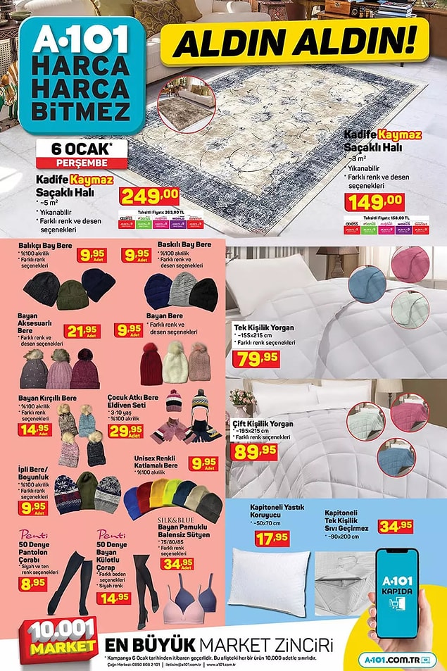Kadife Kaymaz Saçaklı Halı 5 m² 249 TL, 3 m² 149 TL.
