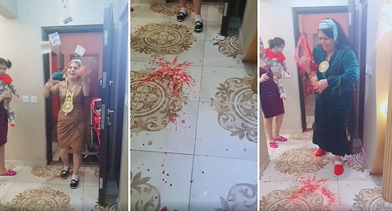 Bu Nerenin Geleneği? Eve Girerken Yerde Nar Parçalayıp Etrafa İçecek Döken Gelin ve Annesi