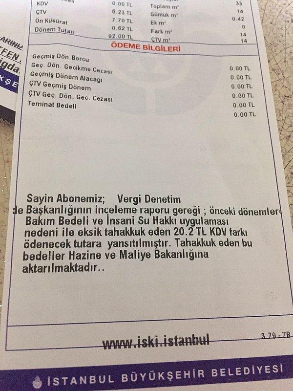 Sosyal medyada paylaşıldı: Hibe sudan vergi alındığı, İstanbul Su ve Kanalizasyon İdaresi'nin (İSKİ) su faturalarına koyduğu uyarı notuyla anlaşıldı.