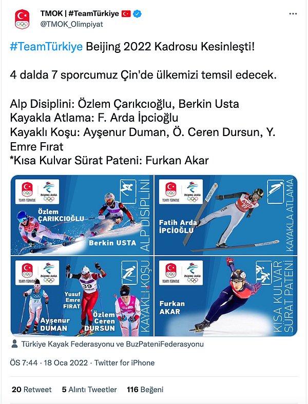 Türkiye Milli Olimpiyat Komitesinden (TMOK) yapılan açıklamaya göre kayakta altı ve buz pateninde ise bir sporcunun katılımı kesinleşti.