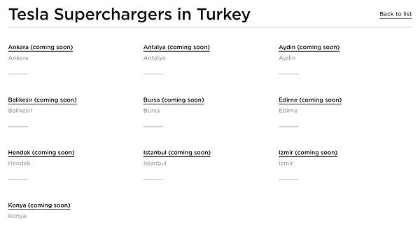 Süper Şarj istasyonları için Tesla'nın internet sitesinde il il isim verildi! İstanbul, Ankara, Antalya, Aydın, Balıkesir, Bursa, Edirne, Hendek (Sakarya), İzmir ve Konya.