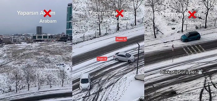 Balkonundan Karlı Yolda Kayan Arabaları İzleyerek Puanlayan Gencin Güldüren Anları