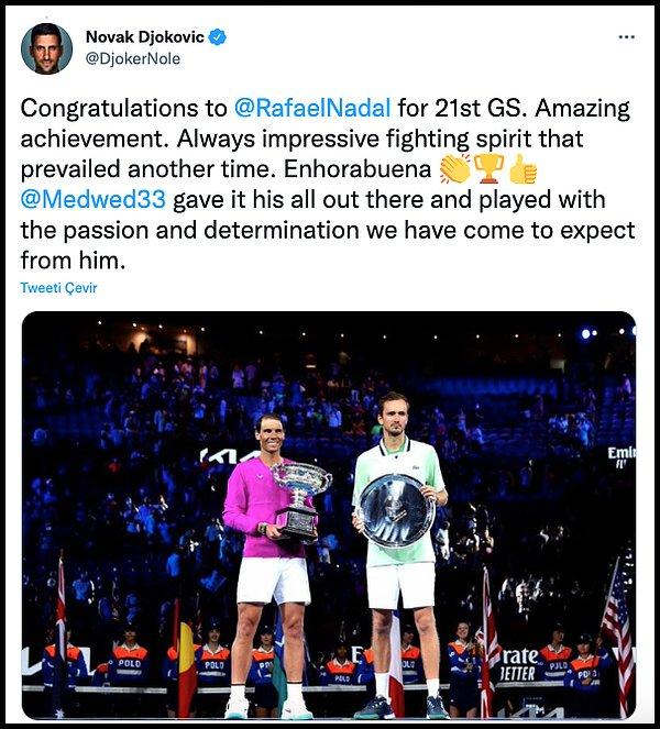 Djokovic de Nadal'ı tebrik etti