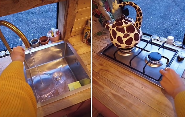 У нее есть рабочая раковина и плита.