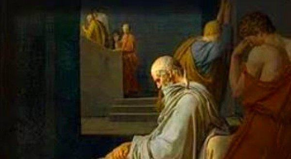 Sol tarafta duvara kapaklanmış figür, Sokrates henüz ölmeden onun yasını tutmaya başlıyor.
