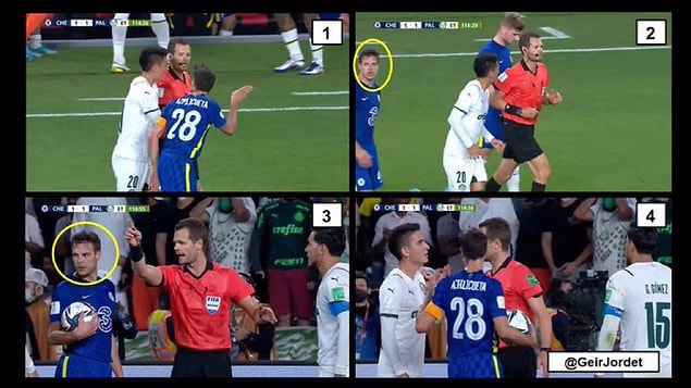 2. fotoğrafta VAR’dan penaltı kararı çıkıyor ve Azpilicueta topu eline alıp Havertz’e bakıyor. 2. fotoğrafta VAR’dan penaltı kararı çıkıyor ve Azpilicueta topu eline alıp Havertz’e bakıyor.