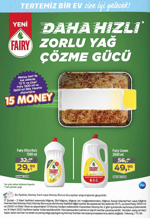 Money Kart ile tek seferde 75 TL ve üzeri Fairy 1500 ml ve 2600 ml Elde Yıkama alışverişlerine 15 Money puan;