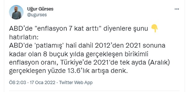 Gürses, ABD'nin birikimli enflasyonundan da şu şekilde bahsediyor👇