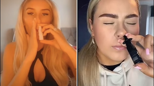 Пользовательница TikTok, опубликовавшая пост под псевдонимом @MadisonSutton(слева), рассказала о спреях для загара для носа, которые работают без использования солярия, в то время как другой пост @HannahTayy(справа) сняла мини клип со словами: «Я лучше умру красоткой, чем буду жить уродиной, так что, если это собирается взять 10 лет из моей жизни мне все равно».