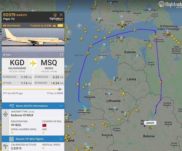 Rus tarifesiz havayolu şirketi Pegas Fly ise Baltık Denizi'ndeki bir Rus anklavı olan Kaliningrad'la Belarus'un başkenti Minsk arasındaki normalde direkt yapılan uçuş için Litvanya, Letonya ve Estonya üzerinde garip bir kemer çizdi.