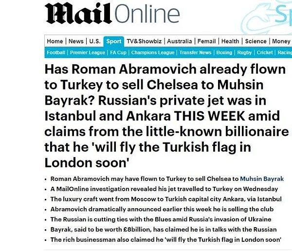 Son olarak, İngiliz basını da Chelsea'nin sahibi Rus milyarder Roman Abramovich'in satış işlemlerini görüşmek Türkiye'ye geldiğini yazdı.