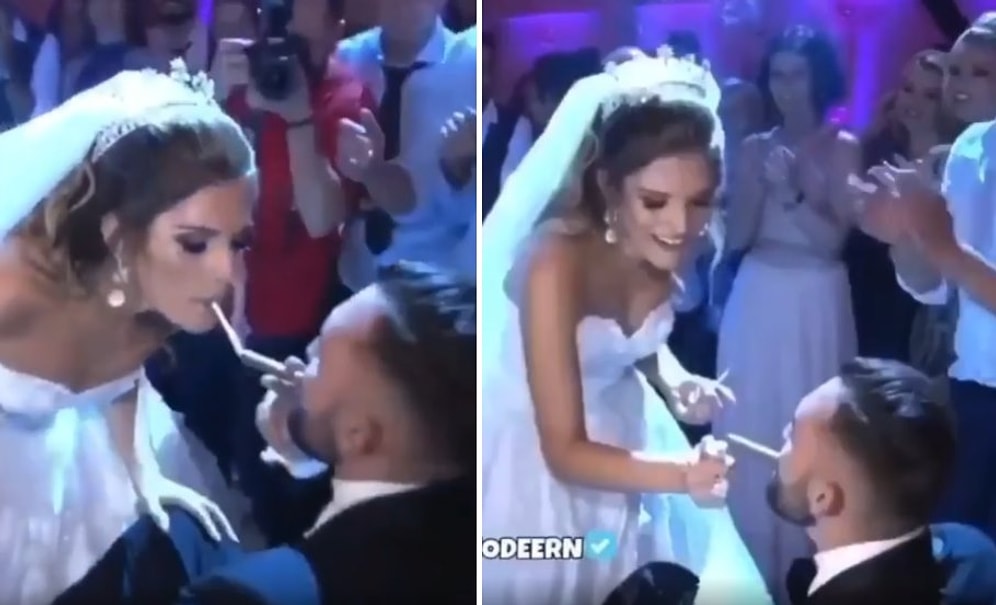 Nasip Olur mu be? Sandalyeye Oturttuğu Eşinin Sigarasını Yakıp, Purosundan Kendi Sigarasını Yakan Gelin