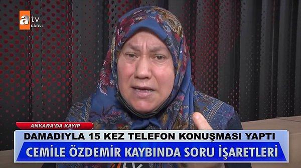 8 Mart tarihli yayında kız kardeşiyle birlikte Müge Anlı'ya katılan Azime Akkor, 43 yaşındaki evli ve 3 çocuklu kızı Cemile Özdemir'e uzun zamandır ulaşamadığını söyledi. Ankara'da yaşayan ve mutlu bir hayatı olan Cemile Özdemir'den 1 yıldır haber alınamıyor.