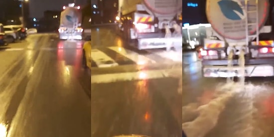İstanbul'da Bir Tankerin, Seyir Halindeki Araçlara Rağmen Yola Su Boşalttığı Anlar Kaydedildi
