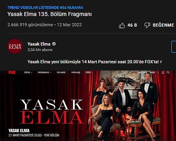 Hala resmi YouTube hesabında 14 Mart Pazartesi günü yazsa da Fox TV ekranlarında yayınlanan fragmanlarda Yasak Elma'nın 135. bölümünün 21 Mart Pazartesi günü ekranlara geleceği duyuruldu.